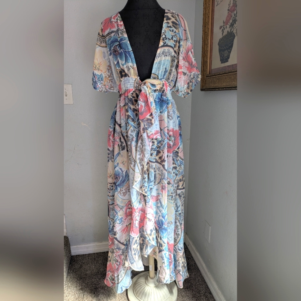 Floral Maxi Open Front Ruffled Duster Dress